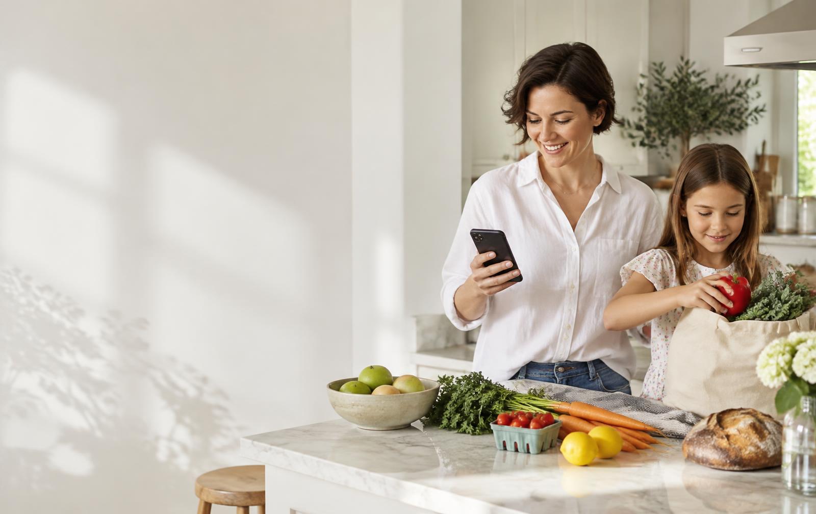 A mom checking her phone while unpacking groceries with her daughter